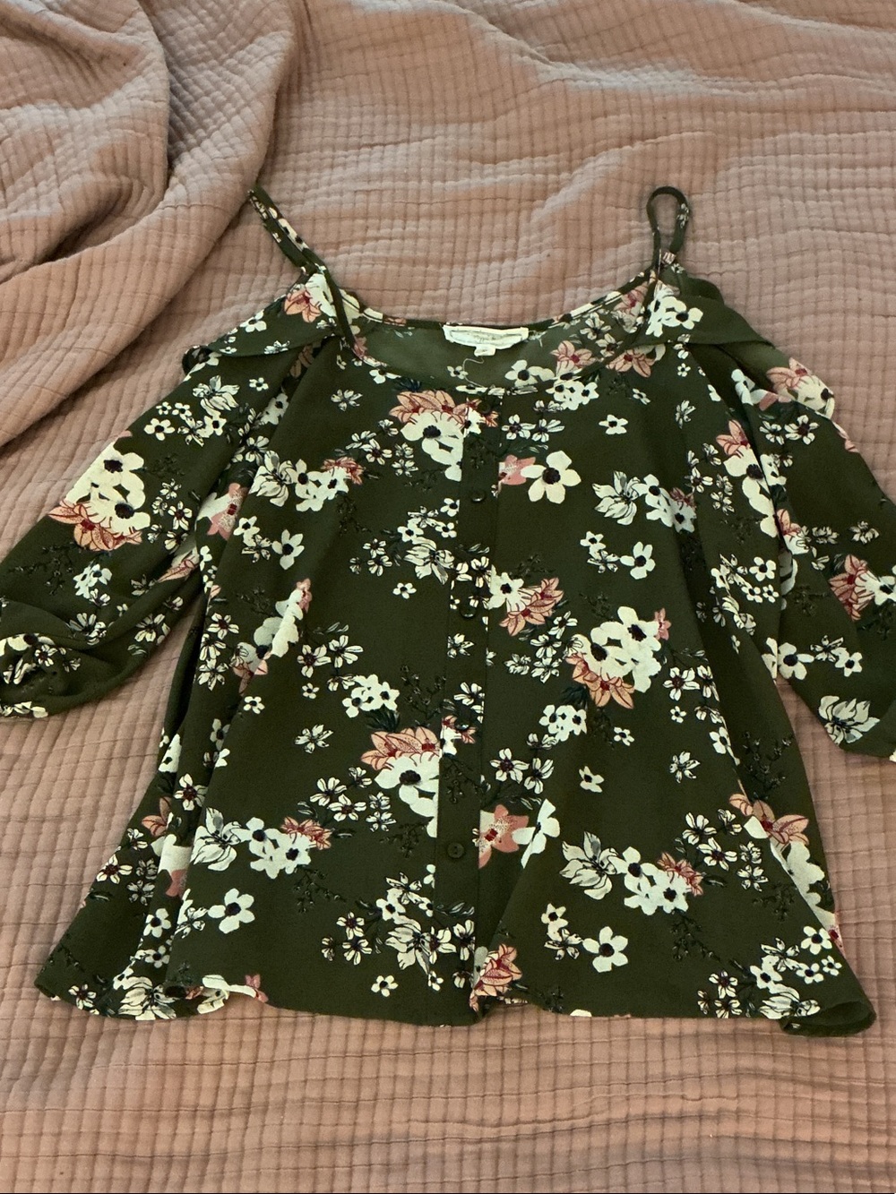 Hippie Rose Olive Green Cold-Shoulder Floral Blouse